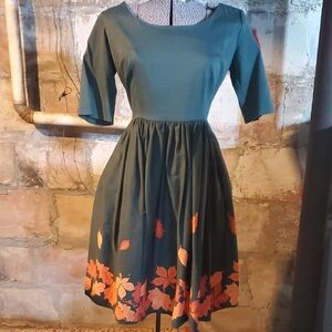 Collectif Teal Dress with Orange Leaf Accents